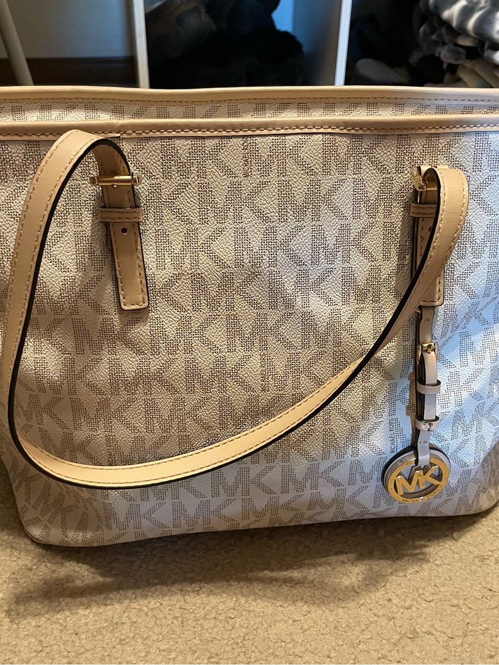 Michael Kors Beige Signature Logo Tote with Gold-Tone MK Charm